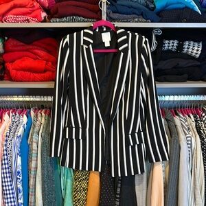 H&M black/blue/white striped 2 pocket open front blazer size 4